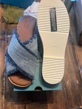 TOMS Sandals Denim Frayed Crossband Slide in Light Blue